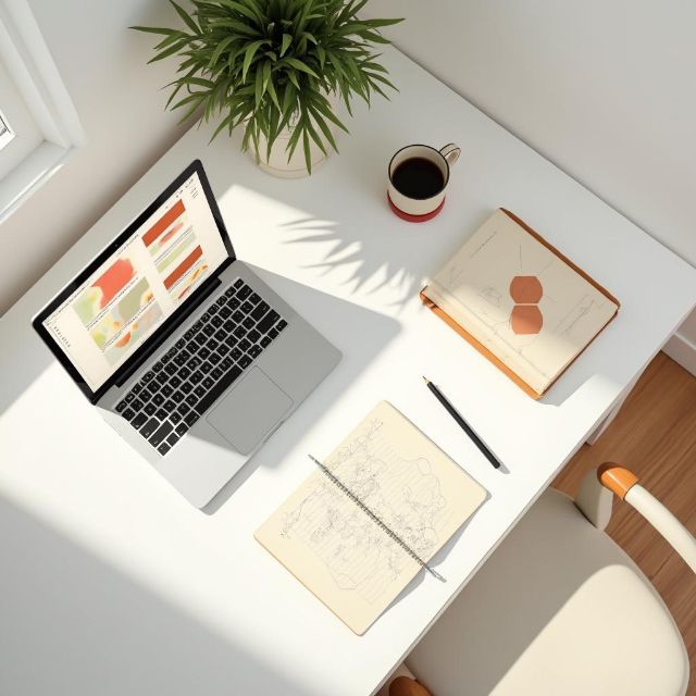 Scrivania di lavoro con computer portatile, quaderno di schizzi a esagoni e una pianta