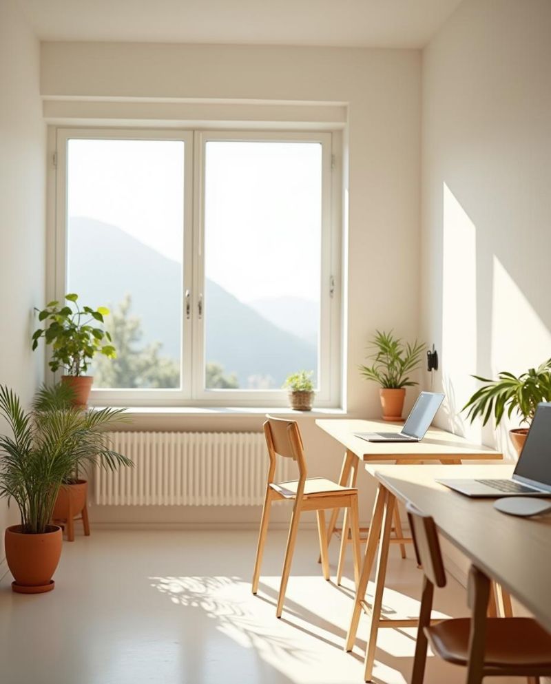 Studio luminoso con tavoli in legno chiaro, computer portatili e piante